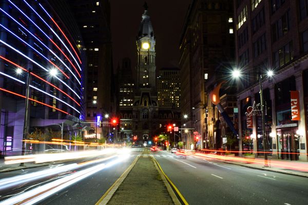 Philadelphia long exposure with red, white, and blue lights thumbnail