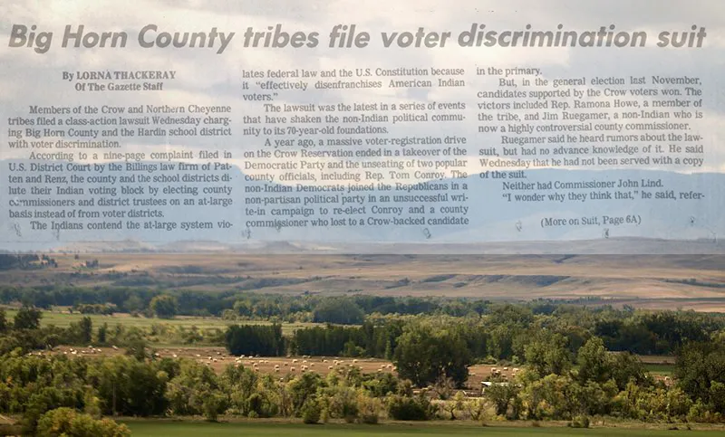 image of Crow reservation with headline Big Horn County tribes file voter discrimination suit superimposed