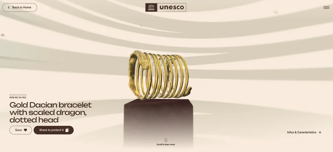A 3D model of a gold Dacian bracelet featuring a scaled dragon