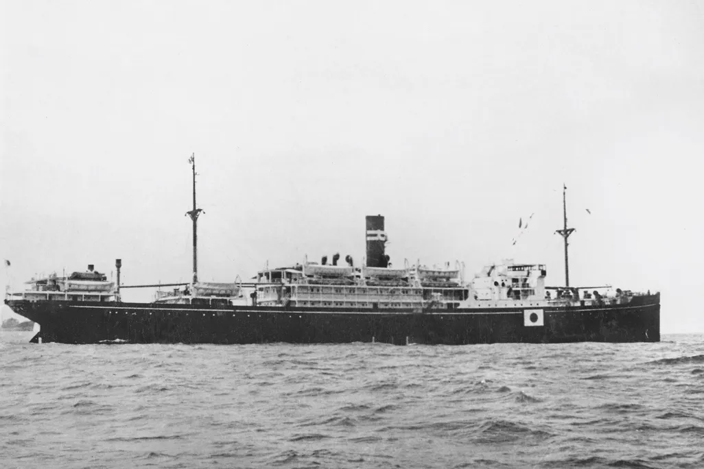 Black and white photo of freighter ship