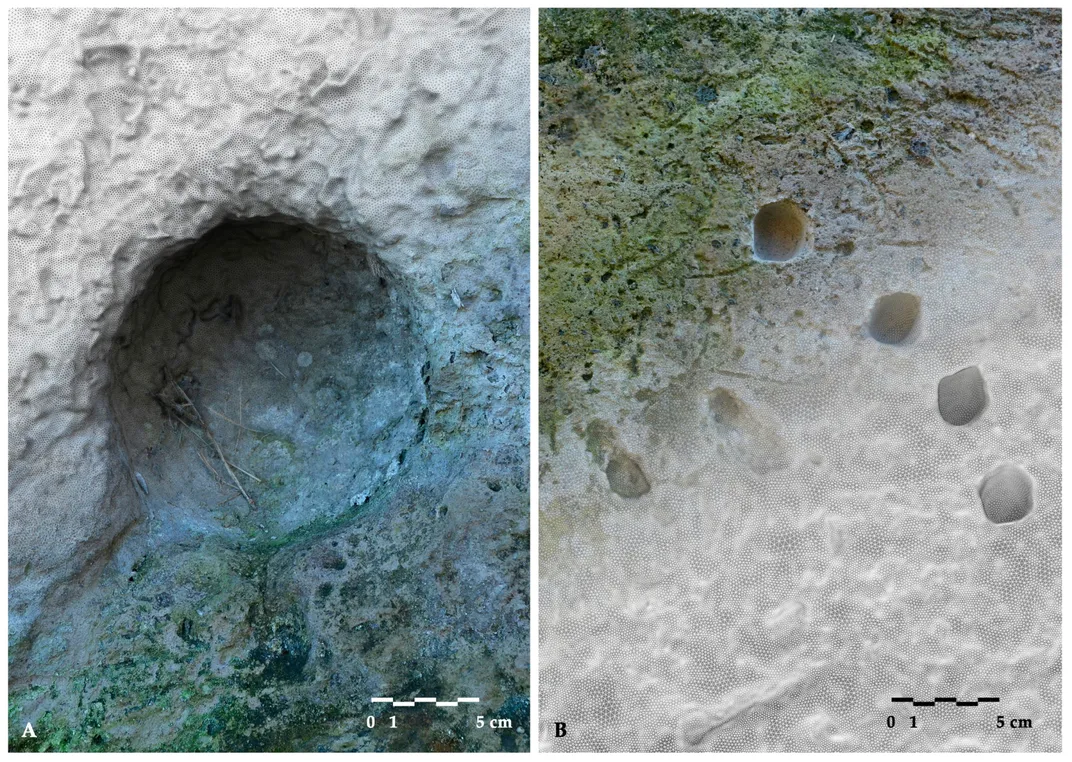 Side-by-side comparison showing holes in the wall at Pompeii