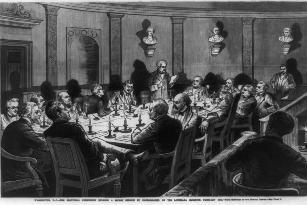 A black and white depiction of a group of men, sitting at a table in a formal room illuminated by candlelight on the table