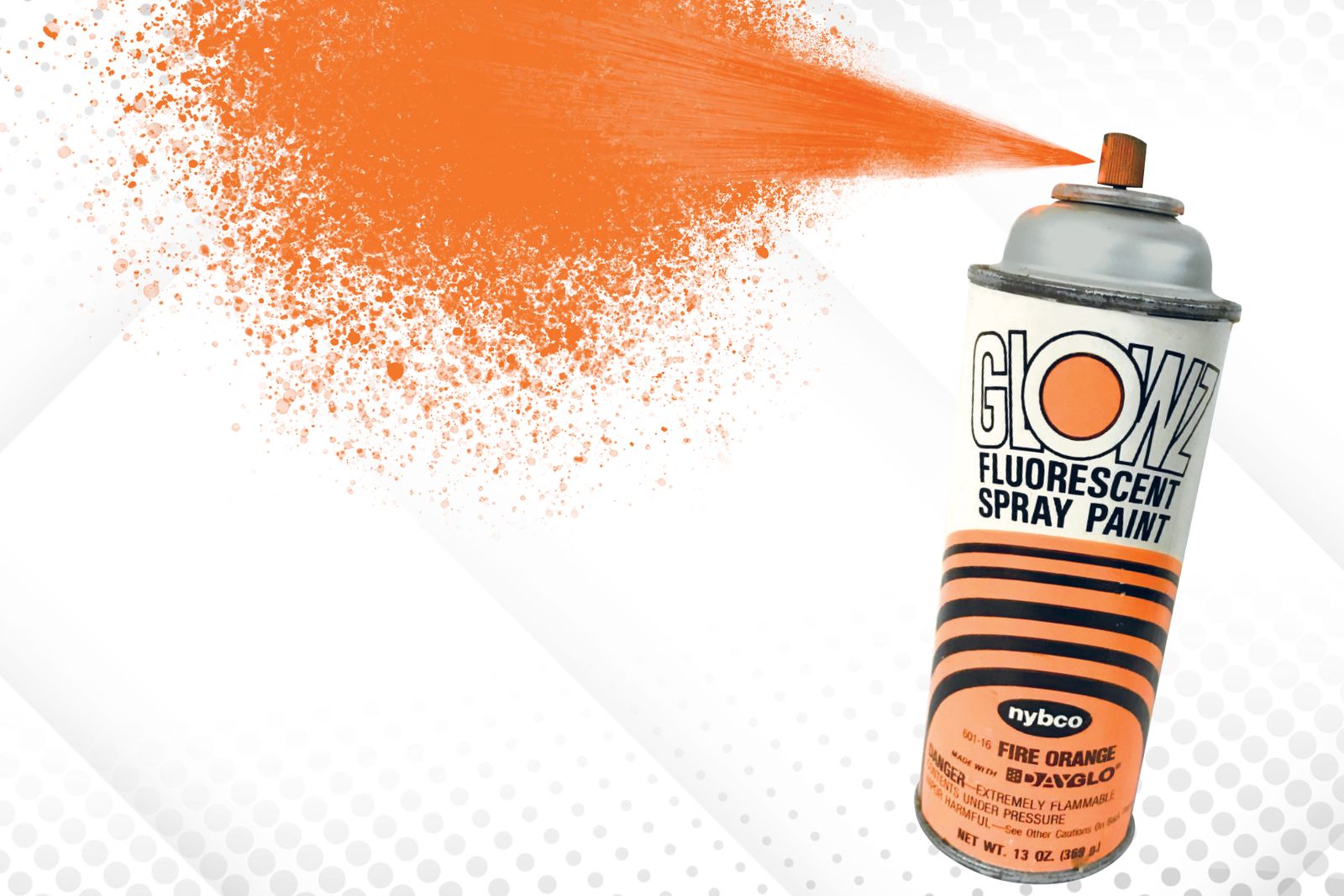 A vintage spray-paint canister containing Fire Orange&mdash;one of DayGlo&rsquo;s most recognizable and ubiquitous hues&mdash;and produced by New York Bronze Powder Company Inc., likely in the early 1980s.
