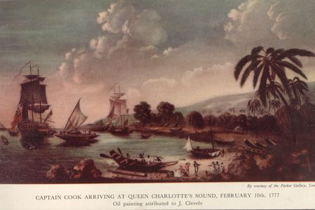 A print from an oil painting attributed to J Clevely, showing Captain James Cook arriving at Queen Charlotte's Sound in New Zealand.
