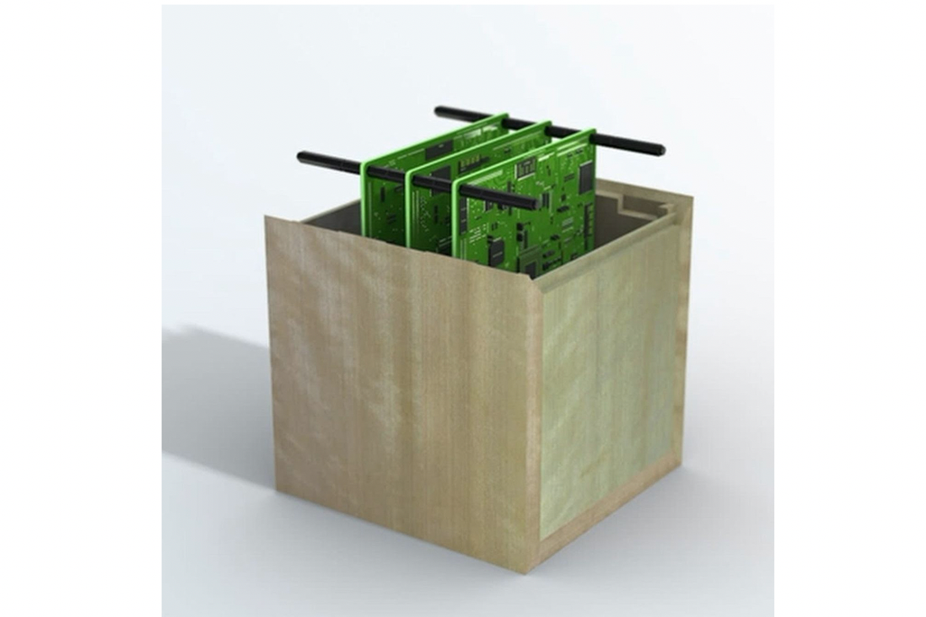 An illustration of the wooden satellite, which is essentially just a wooden box that protects the mechanical hardware inside