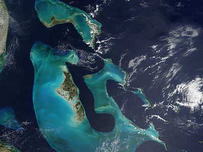 The Bahamian Andros Island, surrounded by the bright blue of Great Bahama Bank.