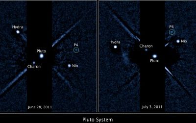 In these two images from the Hubble Space Telescope, Pluto's new moon, P4, can be seen to move around the dwarf planet.