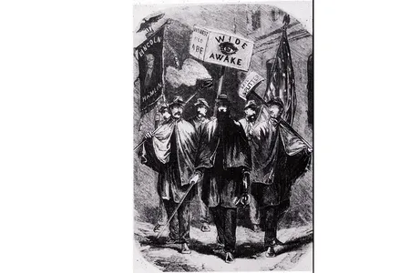 Wide Awake Republican political club from 1860, comprised of young men who dressed in uniforms and marched at night by torchlight for Lincoln.