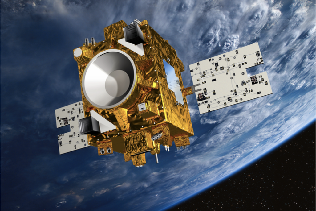 A gold satellite orbits Earth