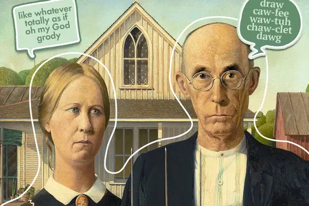 Accents center on the pronunciation of words, while dialects encompass pronunciation, vocabulary and grammar. Here, the subjects of Grant Wood&#39;s&nbsp;American Gothic channel speaking styles popular in California and New York.