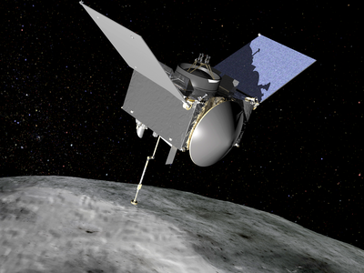 An illustration envisioning how the satellite OSIRIS-REx will collect rocks from the asteroid Bennu