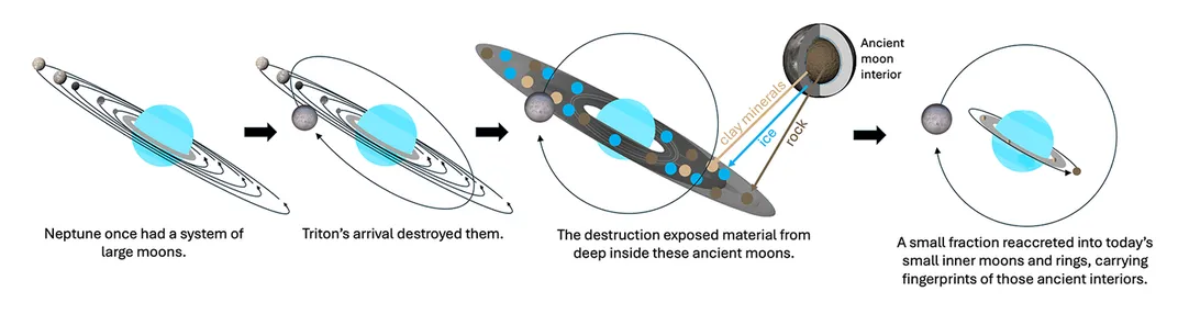 a diagram with a sequence of four illustrations of Neptune's system showing Triton being pulled into it and destroying moons