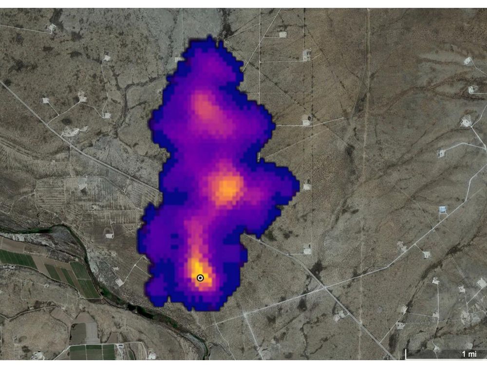 A map showing the concentrations of methane above an emissions source southeast of Carlsbad, New Mexico