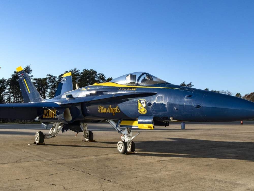 The F/A-18C Hornet, Bureau Number 163439, of the U.S. Navy Blue Angels, makes its last stop as it joins the National Air and Space Museum’s collection.