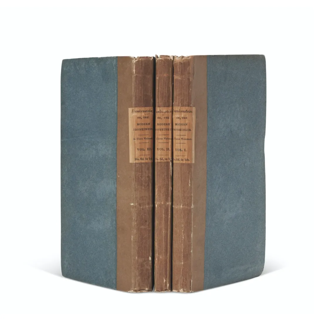 Three bound volumes with blue-gray covers and brown bindings