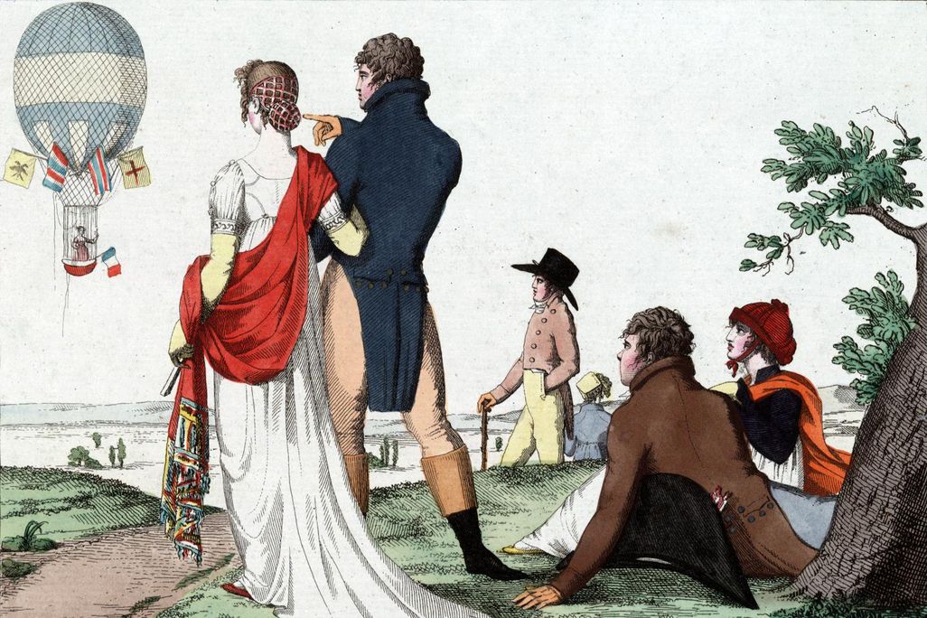 drawing of people in regency clothing watching a balloon flight