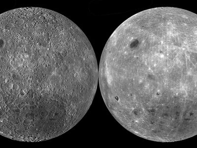 The far side of the Moon from two spacecraft. The Lunar Reconnaissance Orbiter (left) mapped the far side at a variety of sun angles, allowing us to observe the morphology of the surface. Clementine mapped the Moon at high sun angles, emphasizing albedo contrasts. Both views show that this side of the Moon has much less dark, smooth maria than does the near side.