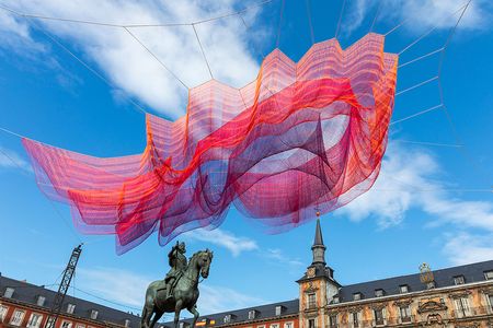 Janet Echelman's piece "1.78" has been on view in a variety of places, including Madrid in 2018. It will next be on display in Helsinki. 