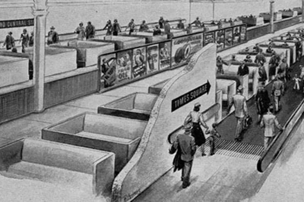 The New York subway system's moving sidewalk of the future by Goodyear (1950s)