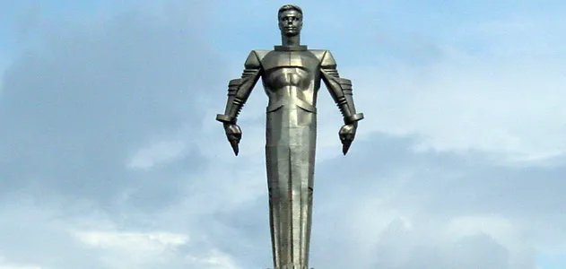 A 10-story statue of Gagarin dominates the modern skyline over Moscow's Leninski Prospect.