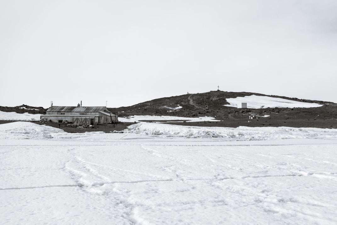 A view of the hut from the sea ice just offshore at Home Beach.