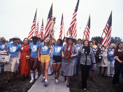 At the National Women's Conference in Houston, Texas, 20,000  women convened to debate the issues that affected them. Here, Congresswoman Bella Abzug (D-N.Y.), wearing her trademark hat, and Betty Friedan (left, in red coat).