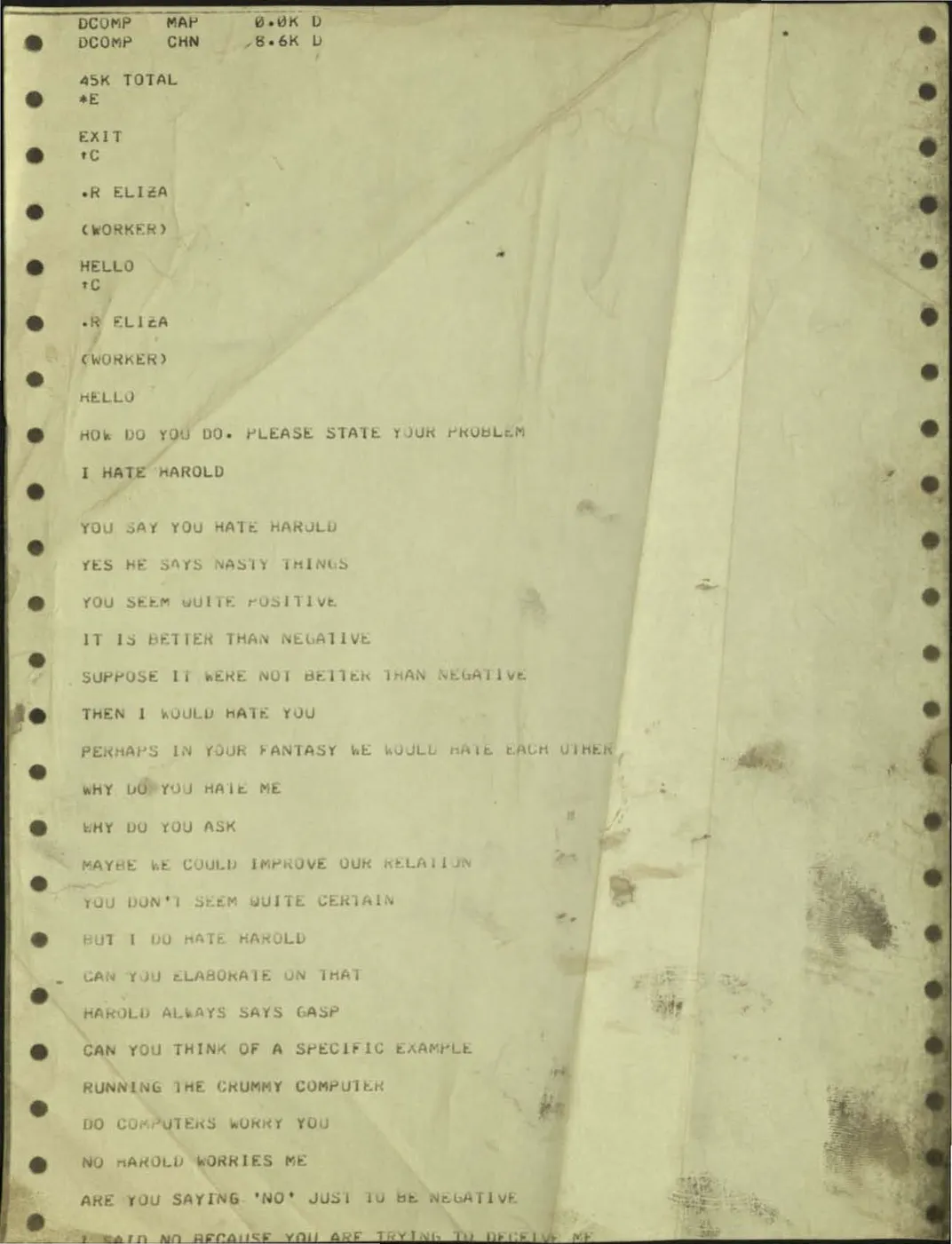 A circa 1966 printout of a conversation with Eliza