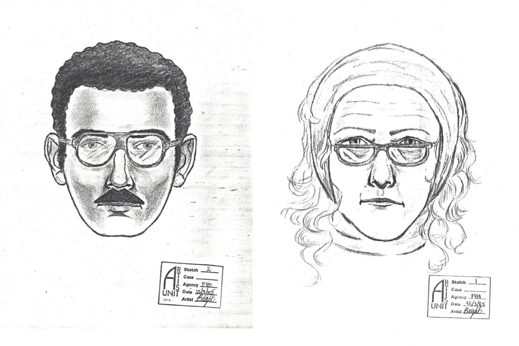Police sketches of the man and woman who stole Willem de Kooning's Woman-Ochre from the University of Arizona Museum of Art in November 1985