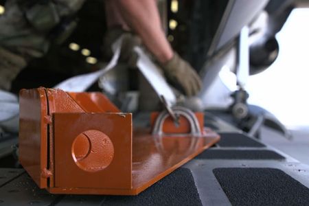 All three pieces of the K-Wedge can be installed in under one minute to protect aircraft rails. The inventor, Technical Sergeant Brett Kiser, says that the Air Force plans to modernize a locking handle mechanism on the loading aid to eliminate the need for cargo straps for installation, which will make the process faster and easier for airmen.
