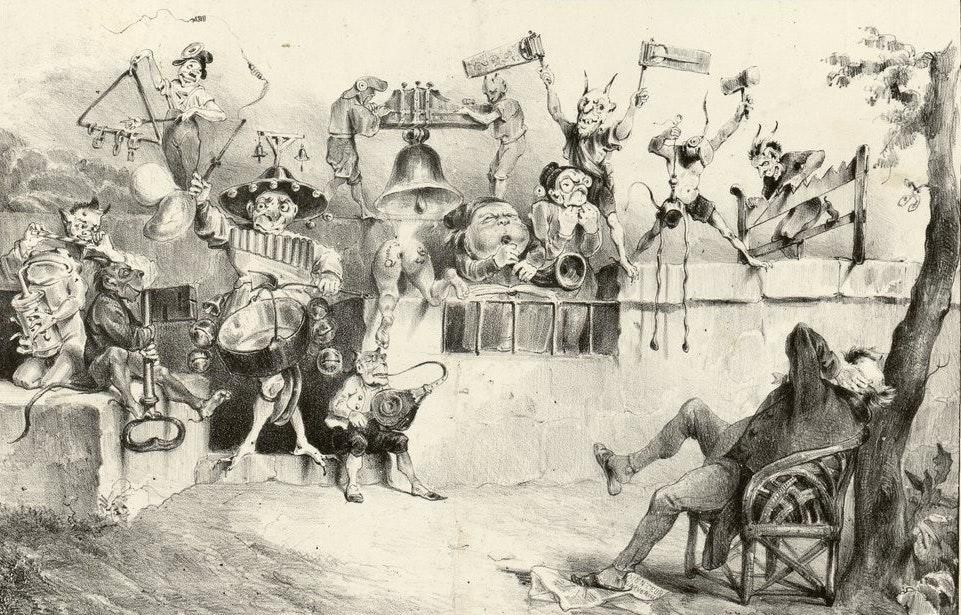 A lithograph by French caricaturist J. J. Grandville depicts the torture of too much noise.