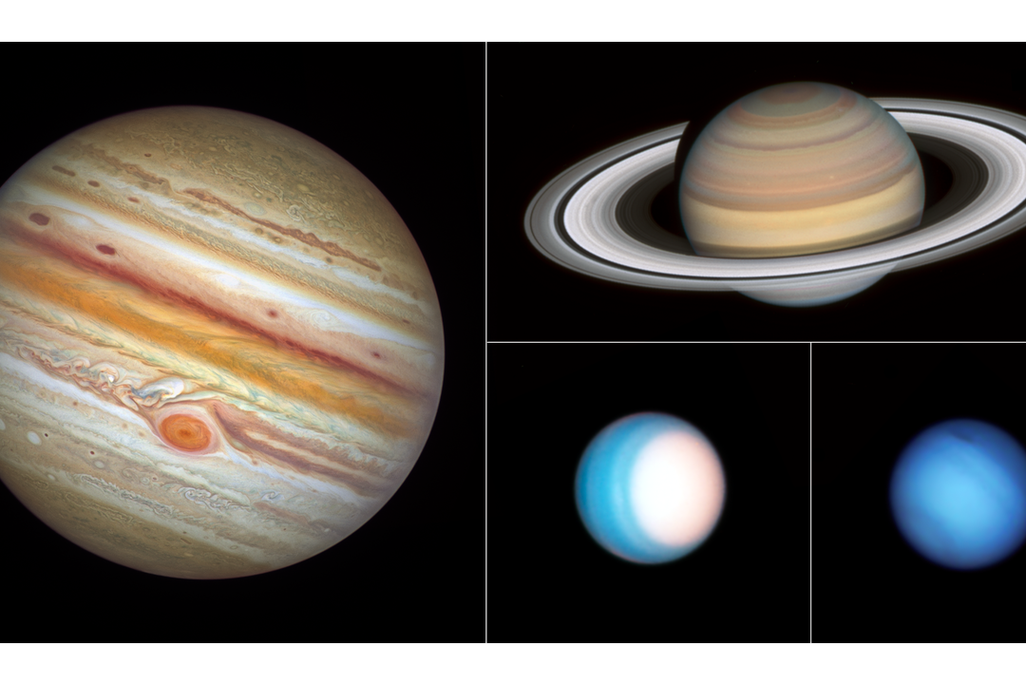 A collage of outer solar system planets, Jupiter, Saturn, Neptune and Uranus, taken by the Hubble Space Telescope.