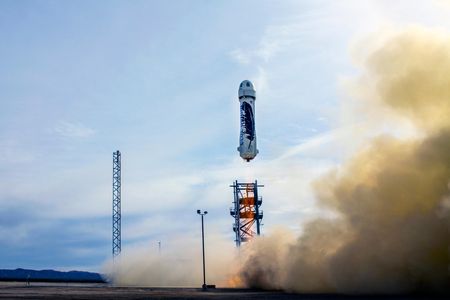 Blue Origin's New Shepard rocket takes off at the start of a test to re-land the system