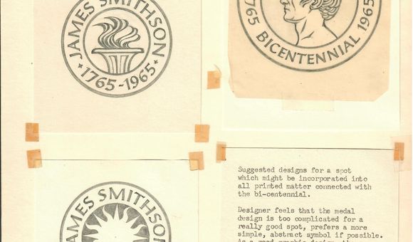 Crimilda Pontes created several designs for the James Smithson Bicentennial in 1965, including what would become the Institution's signature sunburst. (Smithsonian Archives, Acc. 89-024, Box 4., Smithsonian Institution Archives)