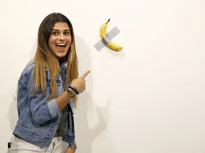 Maurizio Cattelan&#39;s &ldquo;Comedian,&rdquo; featuring a banana duct-taped to a wall