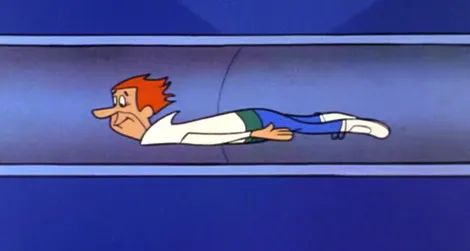 George Jetson flies through a pneumatic tube transport system (1963)