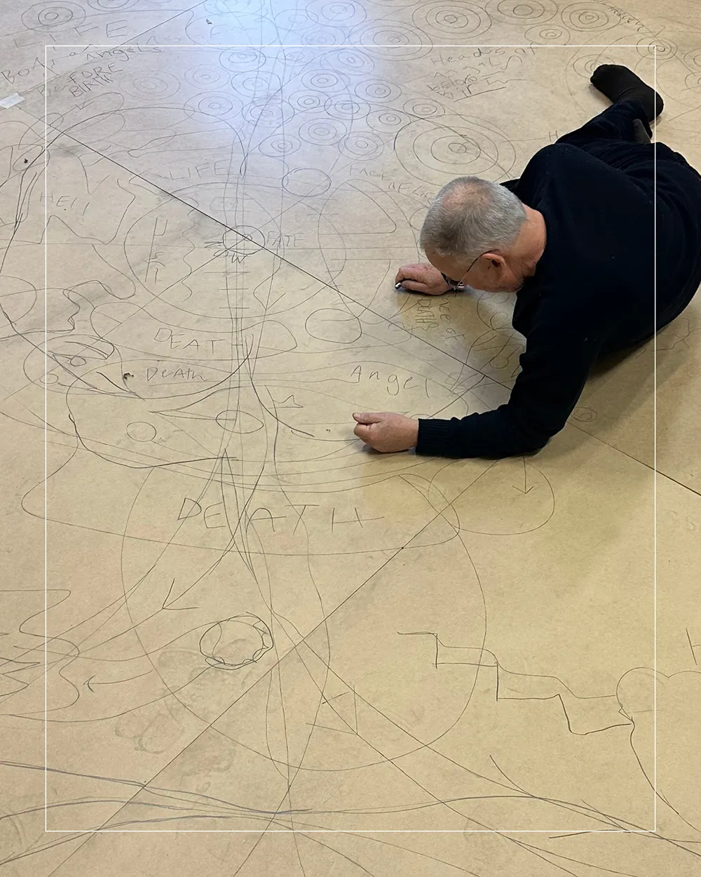 Artist Matt Mullican sprawled out on the floor on top of sketches drawn on light brown paper. The words death, life, and angel are visible among the sketches with circles, arrows, and irregular lines and markings. There is a thin white line superimposed o
