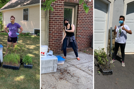 Rachael Brenneman (left), Julia Smith (center), and Skye Austin (right) pose with supplies for their remote research projects. Photo: Amy Hruska