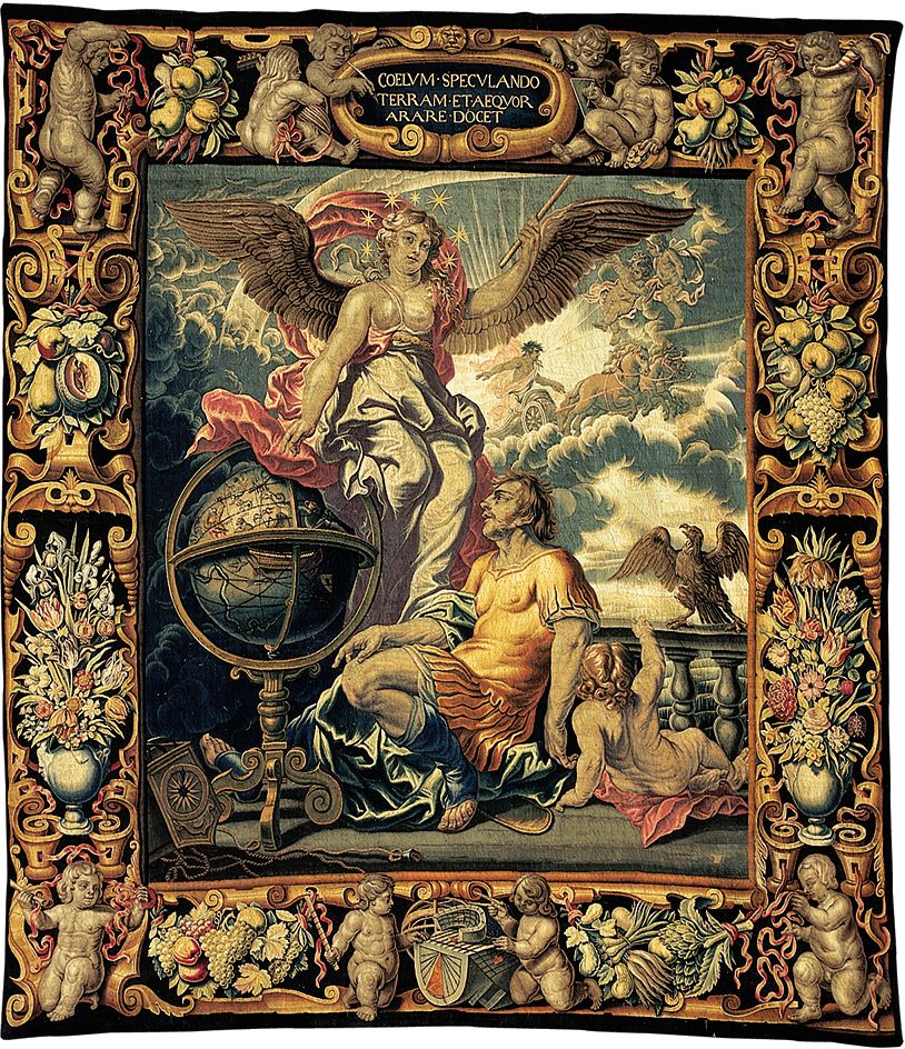 A cropped view of another tapestry, this one depicting the muse of Astronomy as a woman floating in the stars near a giant globe