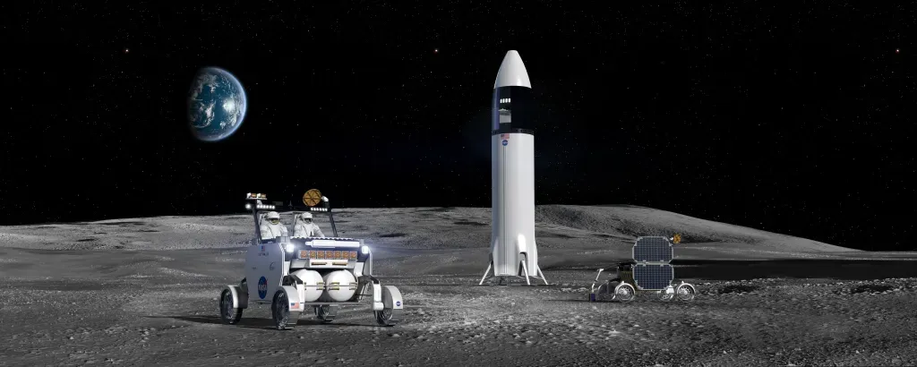 An artist's concept of Venturi Astrolab's moon buggy design, featured on the moon beside a white rocket, with earth hanging in the sky in the background