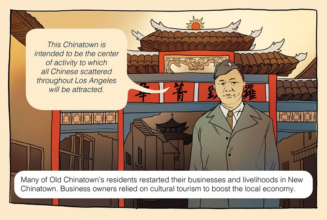 Illustrated comic panel. Peter SooHoo, wearing a uniform, stands in front of Los Angeles’ Chinatowns’ West Gate, a historical-looking Chinese gateway structure.