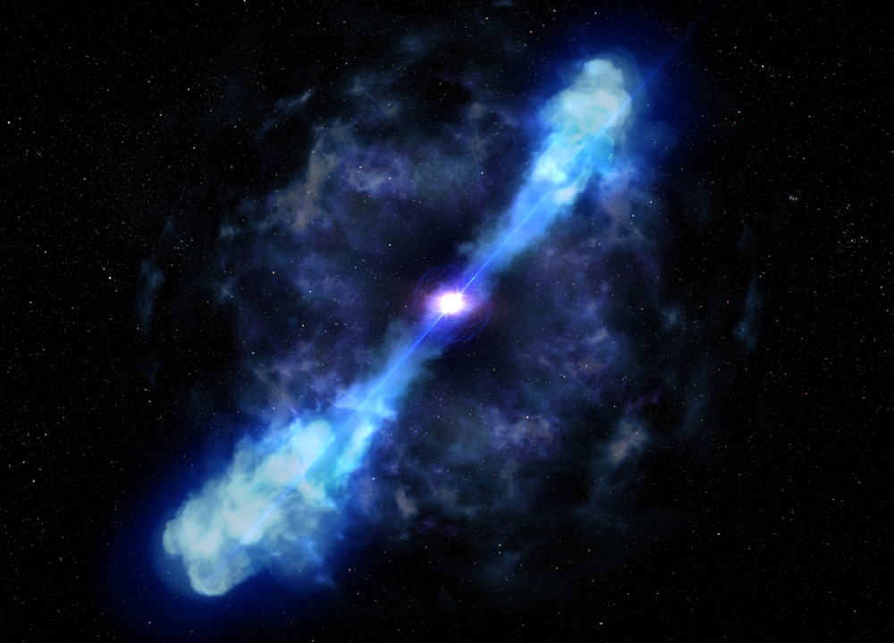 An image of a kilonova in space. There is a bright, purple, circular glow in the middle of the image with two beams of blue light extending diagonally across it. Bright blue "clouds" surround the two beams. The background shows stars twinkling in space.
