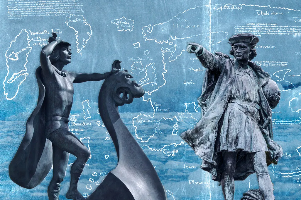 Illustration of Leif Eriksson and Christopher Columbus statues with Vinland Map in the background