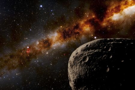 An artist's illustration imagines the newly discovered Farfarout (lower right), now confirmed to be the most distant object ever observed in our solar system. Farfarout is 132 times the distance of Earth to the sun (upper left) and is estimated to be around 250 miles across.  