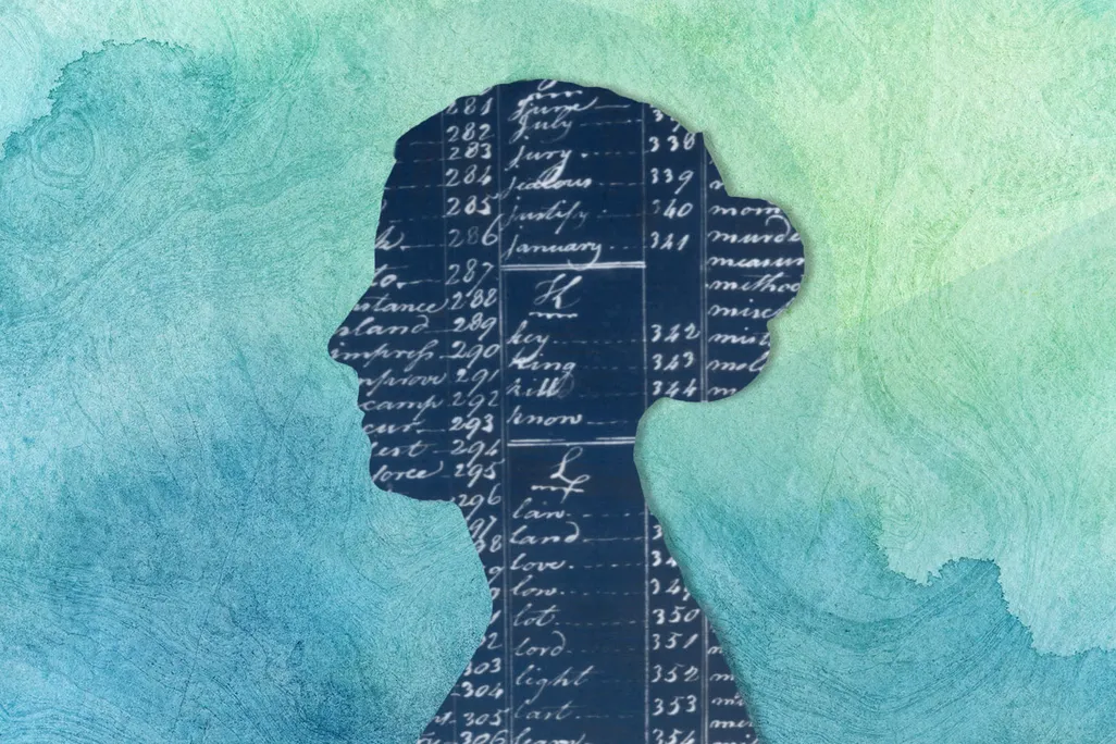 Silhouette of a woman, with handwritten Culper Spy Ring code overlaid on her silhouette, against a watercolor background