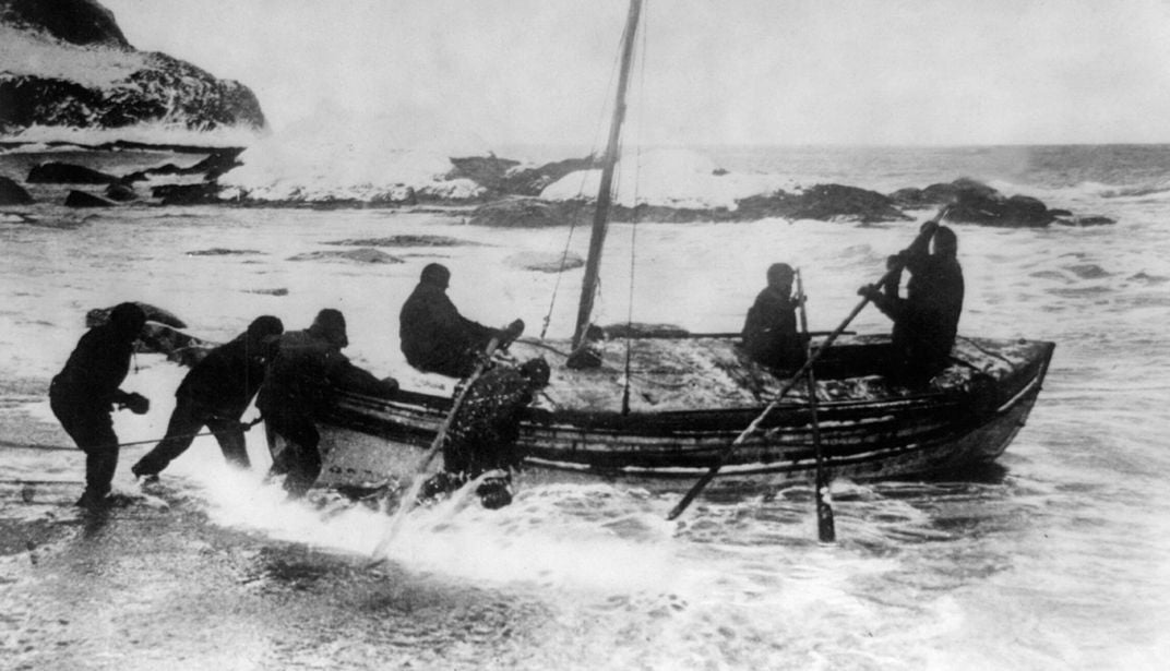 Ernest Shackleton and his crew launch the 23-foot-long lifeboat off Elephant Island