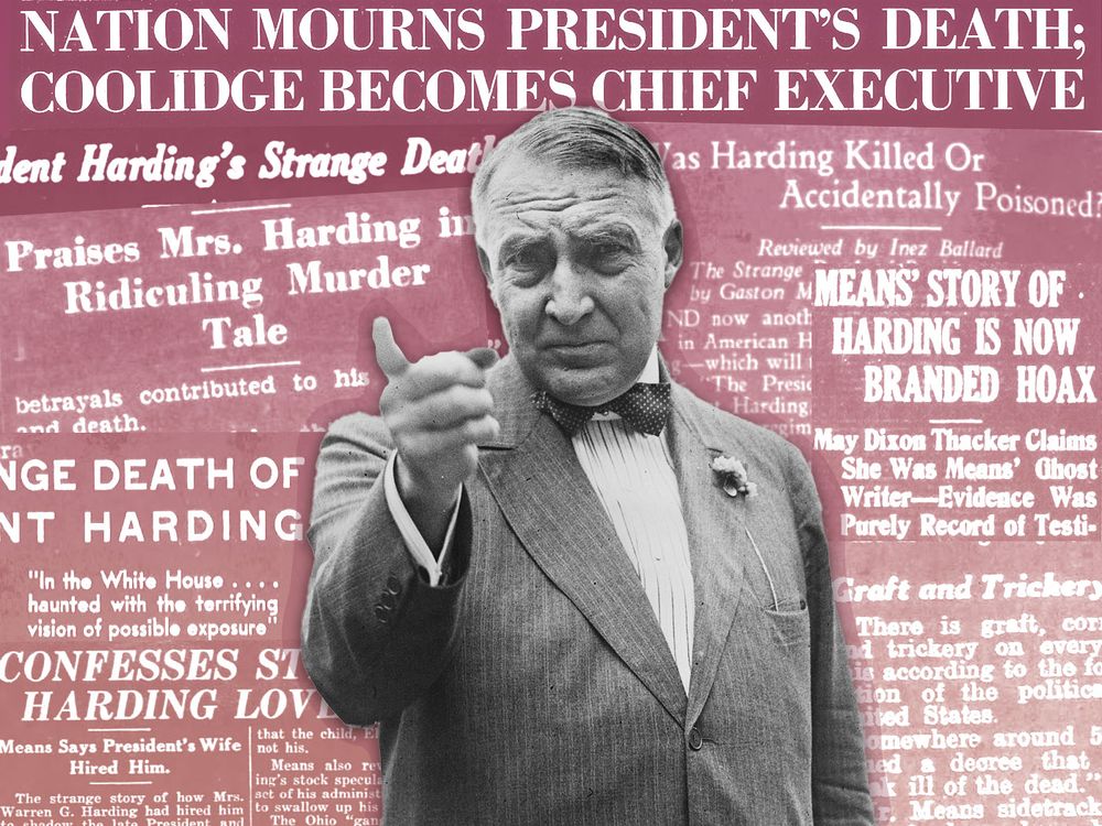 Illustration of Warren G. Harding pointing his finger, in front of newspaper headlines about his death