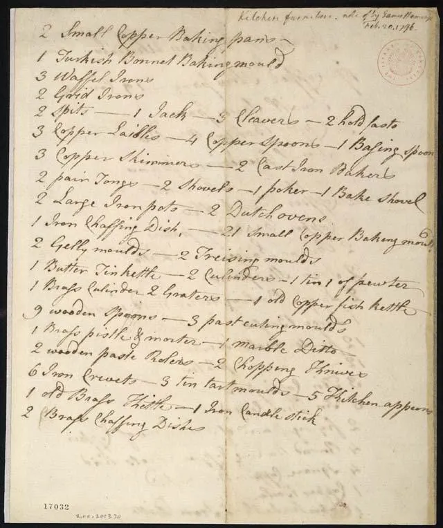 Kitchen inventory written in the hand of James Hemings