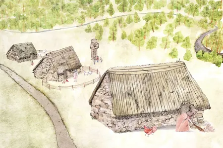 Artist’s reconstruction of historic structures at the site of Netherton Cross, a 10th- or 11th-century religious sculpture that has since been relocated