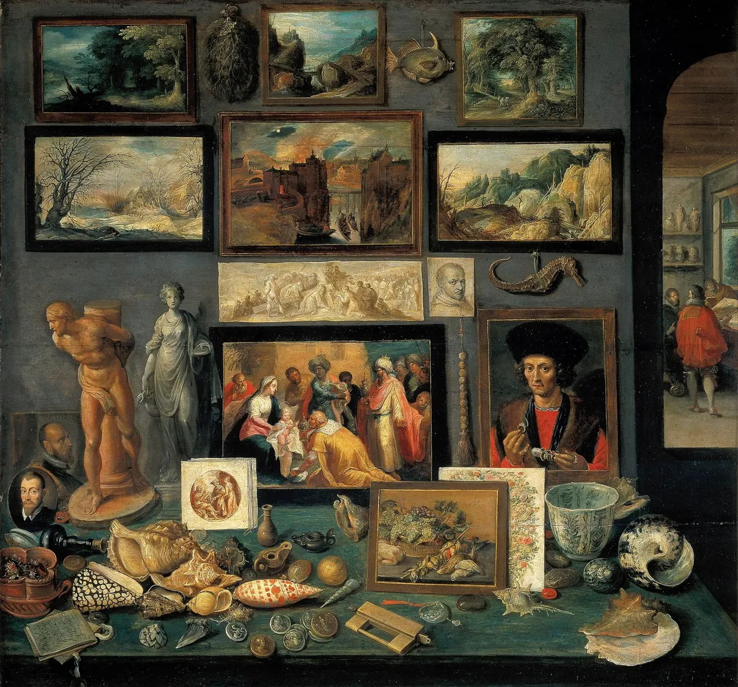 A 1636 painting by Frans Francken featuring a cabinet of curiosities