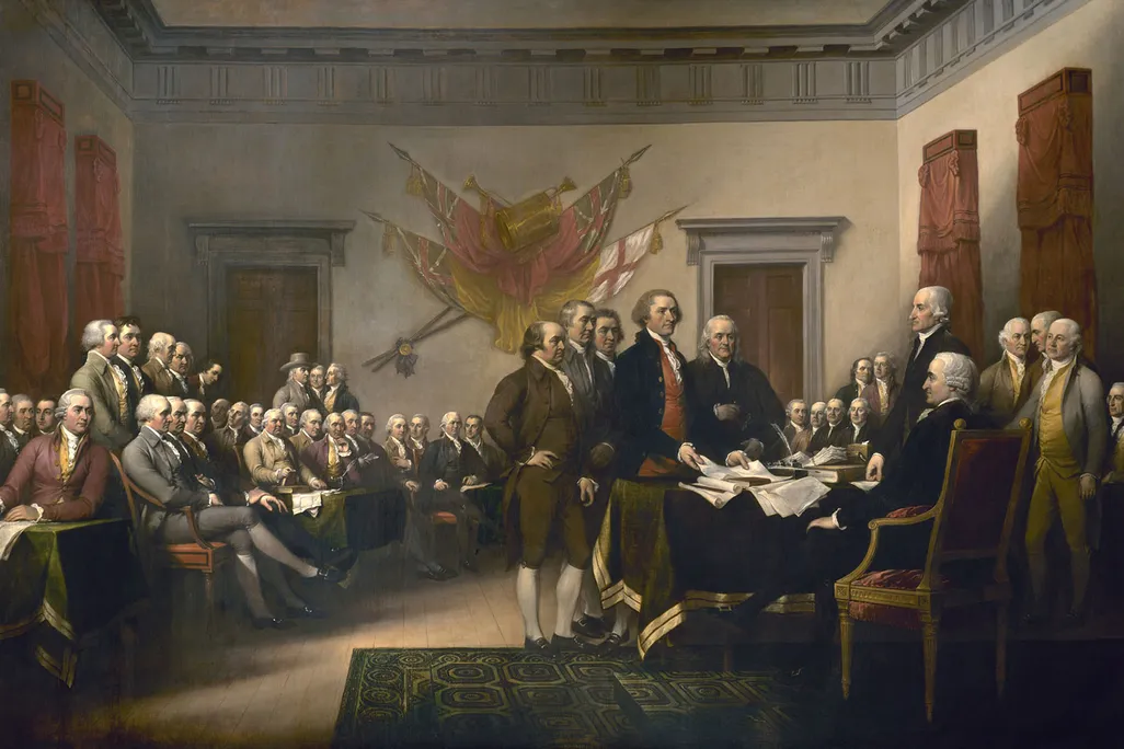 An 1818 John Trumbull painting of the presentation of the draft Declaration of Independence to the Continental Congress